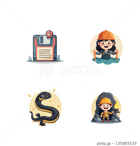 Collection of cartoon icons featuring mining, technology, and exploration themes in a playful style. 135865519