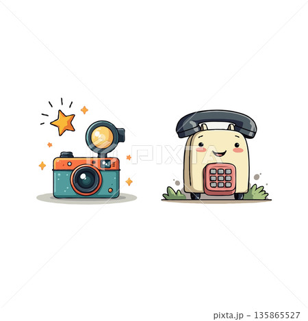 Adorable cartoon illustrations of a camera with stars and a telephone with a smiling face, isolated on white. Adorable cartoon illustrations of a camera with stars and a telephone with a smiling face, isolated on white. 135865527