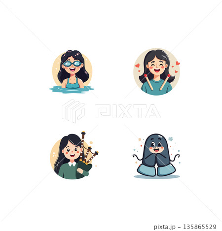 Collection of cute cartoon avatars featuring a swimmer, drummer, bagpiper, and healthy lungs, showcasing various professions and health. Collection of cute cartoon avatars featuring a swimmer, drummer, bagpiper, and healthy lungs, showcasing various professions and health. 135865529