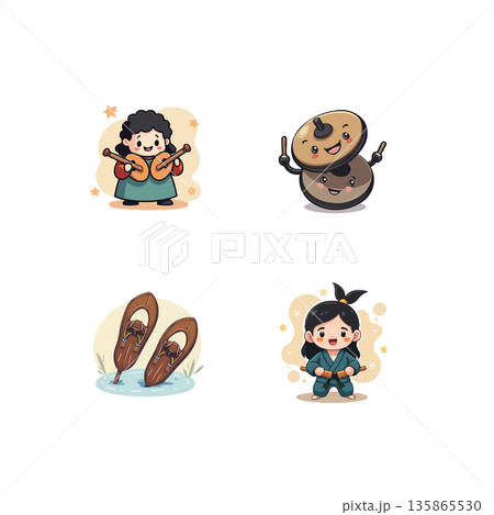Adorable cartoon characters featuring a musician, cymbals, snowshoes, and a martial artist in a playful style. Adorable cartoon characters featuring a musician, cymbals, snowshoes, and a martial artist in a playful style. 135865530