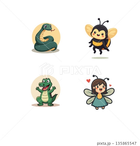 Adorable cartoon illustration featuring a snake, bee, alligator, and fairy. Perfect for children's books and educational materials. Adorable cartoon illustration featuring a snake, bee, alligator, and fairy. Perfect for children's books and educational materials. 135865547