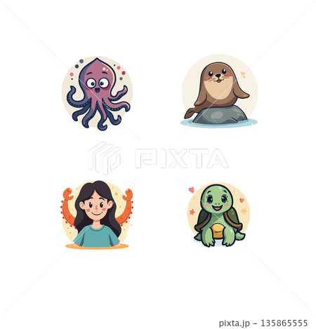 Adorable cartoon illustrations featuring an octopus, seal, girl with crab claws, and turtle, perfect for children's content. Adorable cartoon illustrations featuring an octopus, seal, girl with crab claws, and turtle, perfect for children's content. 135865555