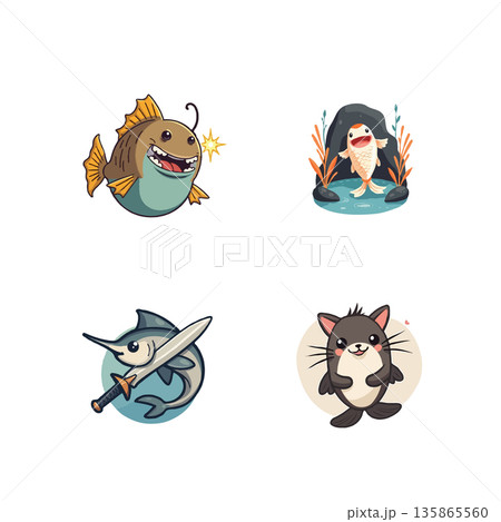 Adorable cartoon fish illustrations, perfect for children's books, stickers, or educational materials. Includes anglerfish, koi, swordfish, and cat-fish. 135865560