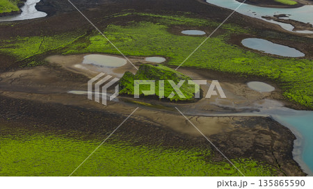 Aerial View of Moss Covered Hill and Volcanic Landscape in Iceland Aerial View of Moss Covered Hill and Volcanic Landscape in Iceland 135865590