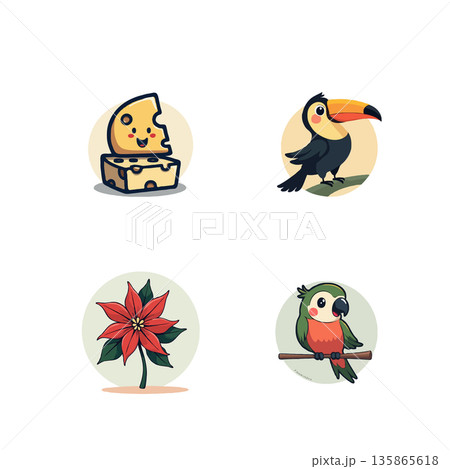 Collection of cartoon icons featuring a cheese, toucan, poinsettia flower, and parrot in a playful, vector style. Collection of cartoon icons featuring a cheese, toucan, poinsettia flower, and parrot in a playful, vector style. 135865618