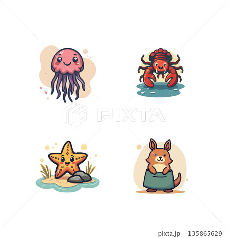 Adorable cartoon illustration featuring a jellyfish, crab, starfish, and kangaroo, perfect for children's content and educational materials. 135865629