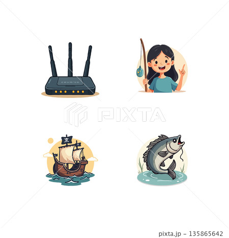 Whimsical illustration featuring a router, a girl fishing, a pirate ship, and a fish, creating a playful digital fishing concept. 135865642