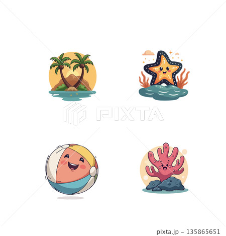 Adorable summer themed icons featuring a tropical island, starfish, beach ball, and coral reef. Perfect for summer designs. Adorable summer themed icons featuring a tropical island, starfish, beach ball, and coral reef. Perfect for summer designs. 135865651