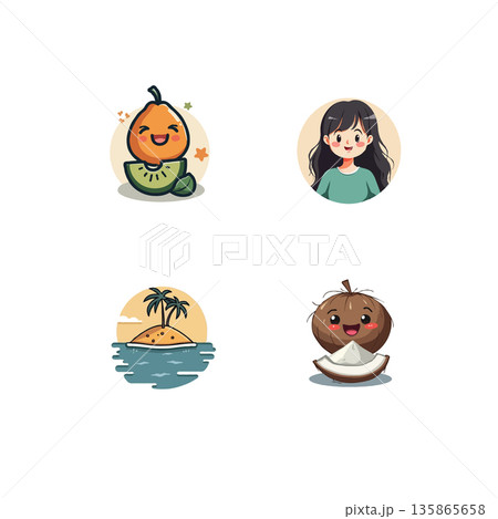 Set of cute cartoon fruit characters and a tropical island icon. Vector illustration for stickers, logos, or designs. 135865658
