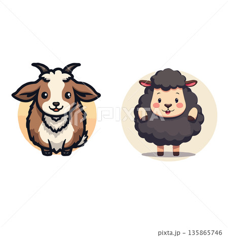 Adorable cartoon illustration featuring a cute goat and a fluffy sheep, perfect for children's books and animal-themed designs. 135865746
