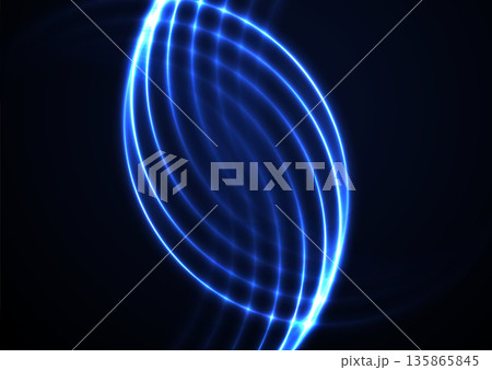 Bright blue neon glowing shiny waves abstract tech background 135865845