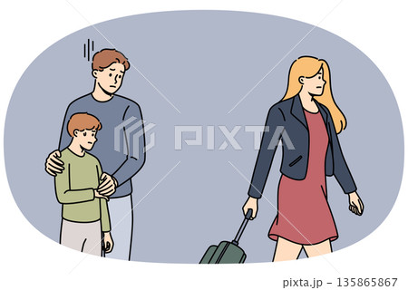 Divorce parents traumatizes child, experiences stress because of mother with suitcase leaving family Divorce parents traumatizes child, experiences stress because of mother with suitcase leaving family 135865867