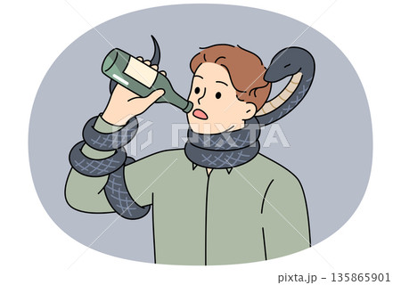 Man drinks beer standing with snake around neck, metaphor for alcohol addiction. 135865901