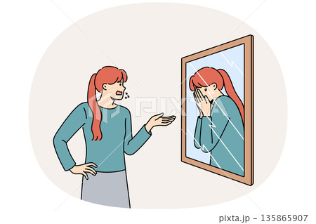 Woman scolds own reflection in mirror, for concept of low self-esteem and dipression Woman scolds own reflection in mirror, for concept of low self-esteem and dipression 135865907