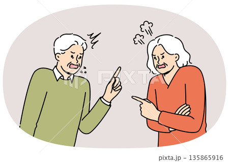 Quarrel elderly man and woman expressing mutual complaints accumulated over years of marriage Quarrel elderly man and woman expressing mutual complaints accumulated over years of marriage 135865916