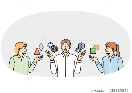 Team people are discussing business management and consulting with specialist, standing near gears 135865922