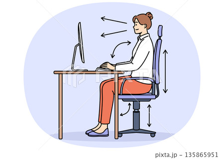 Woman demonstrates correct posture for working with computer, sitting with straight back at table Woman demonstrates correct posture for working with computer, sitting with straight back at table 135865951