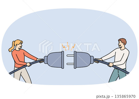 Electric cable with plug in hands of man and woman, want to restore connections for supply current Electric cable with plug in hands of man and woman, want to restore connections for supply current 135865970