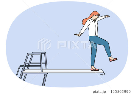 Business woman takes risky action and goes on venture to achieve goal, standing on springboard Business woman takes risky action and goes on venture to achieve goal, standing on springboard 135865990