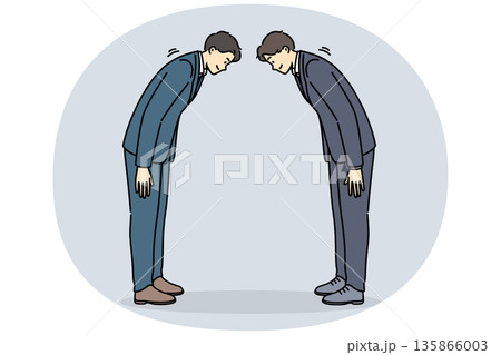 Two asian business men bow in greeting and say conishua during tailoring meeting to sign contract 135866003
