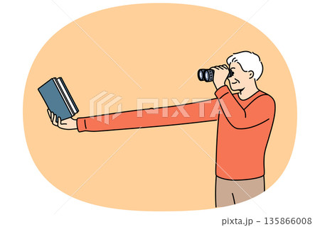 Myopic elderly man uses binoculars to read book, needs corrective surgery on eye pupils 135866008