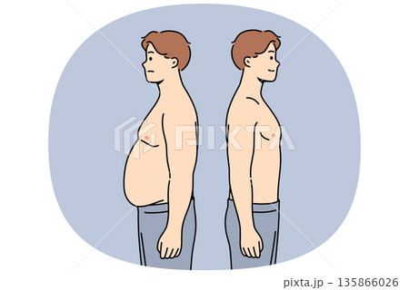 Thin and fat men stand side by side demonstrating changes in figures after eating fast food Thin and fat men stand side by side demonstrating changes in figures after eating fast food 135866026
