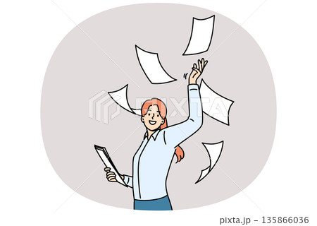 Woman office clerk throws documents up, rejoicing of digitalization and reduction of paperwork 135866036