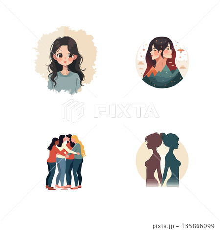Collection of cartoon icons featuring a girl with a burger, a vintage TV, a lifebuoy on a boat, and a feather. 135866099
