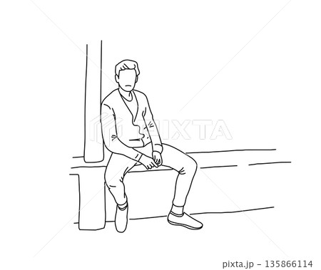 道端に座る男性 街中で待ち合わせをする若者の線画ベクターイラスト 道端に座る男性 街中で待ち合わせをする若者の線画ベクターイラスト 135866114