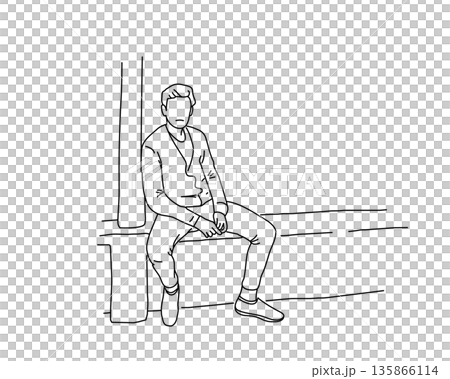 道端に座る男性 街中で待ち合わせをする若者の線画ベクターイラスト 道端に座る男性 街中で待ち合わせをする若者の線画ベクターイラスト 135866114