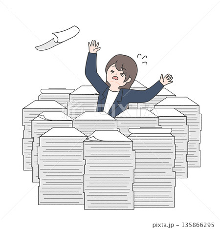 大量の書類の山に埋もれる女性会社員 大量の書類の山に埋もれる女性会社員 135866295
