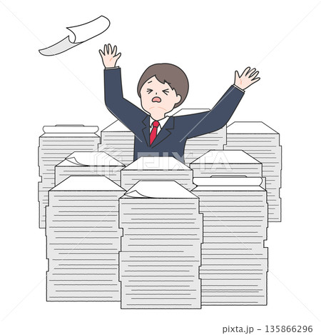 大量の書類の山に埋もれる男性会社員 135866296