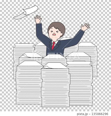大量の書類の山に埋もれる男性会社員 135866296