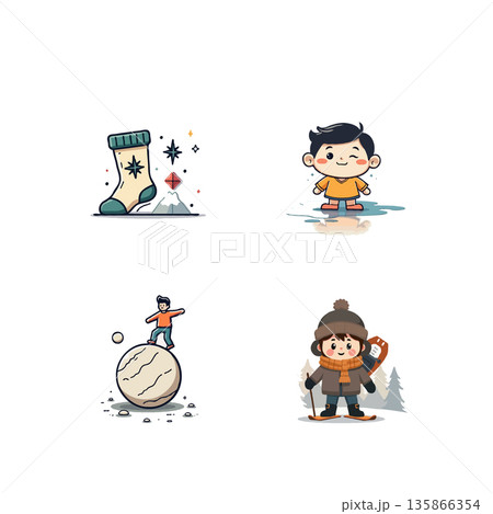 Adorable cartoon icon set featuring a chameleon, ukulele player, cleaning supplies, and hourglass. Perfect for designs. Adorable cartoon icon set featuring a chameleon, ukulele player, cleaning supplies, and hourglass. Perfect for designs. 135866354