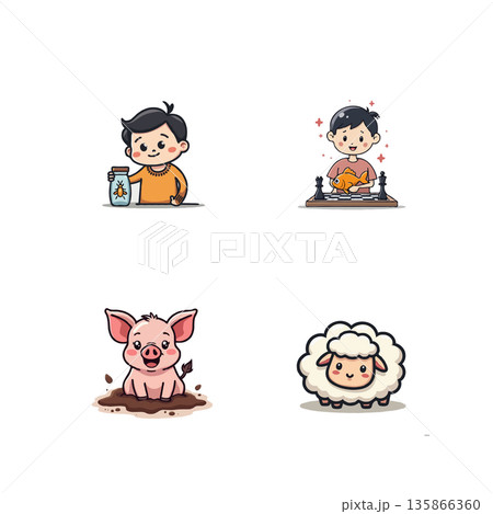 Collection of cartoon style illustrations featuring diverse characters and everyday life scenes. Perfect for children's books or educational materials. Collection of cartoon style illustrations featuring diverse characters and everyday life scenes. Perfect for children's books or educational materials. 135866360
