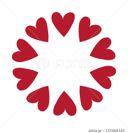 Simple circular frame made of bold red heart shapes arranged ring. Minimal and flat design perfect for Valentines Day, love themed graphics, cards, stickers, and invitations Simple circular frame made of bold red heart shapes arranged ring. Minimal and flat design perfect for Valentines Day, love themed graphics, cards, stickers, and invitations 135866383