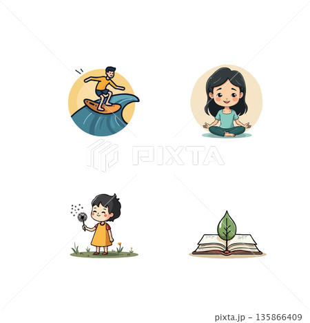 Collection of cartoon illustrations depicting community engagement activities, such as cooking, speaking, justice, and writing. Collection of cartoon illustrations depicting community engagement activities, such as cooking, speaking, justice, and writing. 135866409