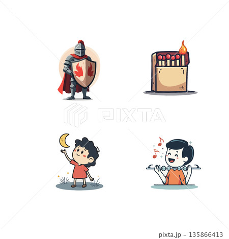 Vector illustration set of cartoon icons representing time management, movie making, barber shop, and cooling fan. Vector illustration set of cartoon icons representing time management, movie making, barber shop, and cooling fan. 135866413
