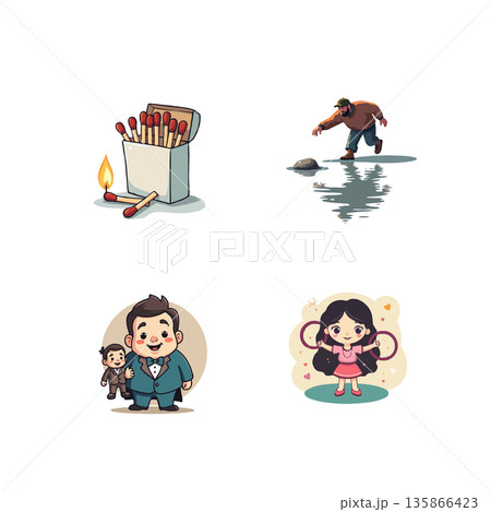 Collection of adorable cartoon characters including a meditating woman, giraffe, child with a dog, and a sock. Collection of adorable cartoon characters including a meditating woman, giraffe, child with a dog, and a sock. 135866423