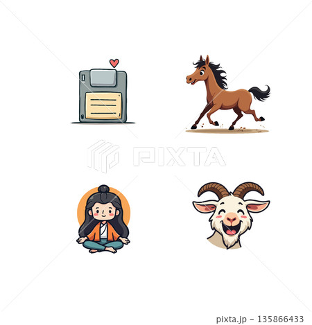 Collection of vector icons featuring a windmill landscape, smartphone timer, fruit smoothie blender, and cozy living room. 135866433