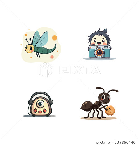 Collection of cute cartoon icons featuring a family, crescent moon, human body, and animal paw print. Collection of cute cartoon icons featuring a family, crescent moon, human body, and animal paw print. 135866440