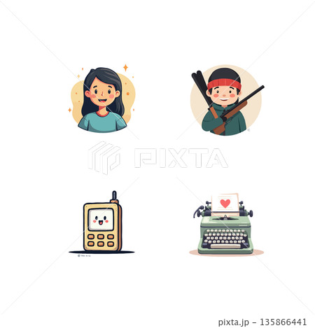 Collection of cute cartoon illustrations featuring a bird, industrial tanks, a landscape painting, and a boy with a mirror. Collection of cute cartoon illustrations featuring a bird, industrial tanks, a landscape painting, and a boy with a mirror. 135866441