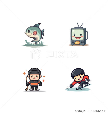 Set of vector cartoon illustrations. Girl making bed, lighthouse, bird and flower. Isolated on white background. Set of vector cartoon illustrations. Girl making bed, lighthouse, bird and flower. Isolated on white background. 135866444