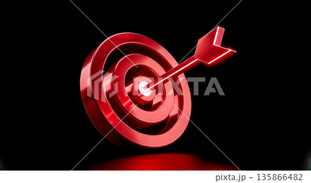 Glossy red metallic target with arrow hitting bullseye on black background premium business goal and leadership concept 3d rendering 135866482