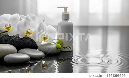 Luxury spa composition with white orchid flowers and massage stones on water surface with ripples and reflection for wellness center advertising 135866493