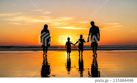 Silhouette of happy family with two children walking on beach during beautiful orange sunset holding hands and looking at ocean 135866496