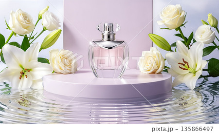 Luxury perfume glass bottle on podium with white roses and lily flowers on water surface with ripples for cosmetics product display 135866497
