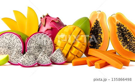 Fresh exotic tropical fruits composition with sliced dragon fruit mango and papaya isolated on white background for healthy nutrition vitamin diet 135866498