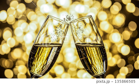 Two crystal champagne glasses toasting against golden bokeh lights background celebrating holiday or special occasion event with bubbles and sparkles Two crystal champagne glasses toasting against golden bokeh lights background celebrating holiday or special occasion event with bubbles and sparkles 135866505