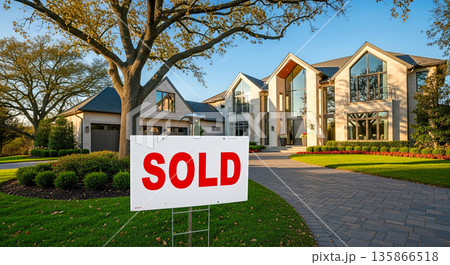 large luxury modern residential house with sold sign in yard real estate successful property sale wealthy lifestyle concept 135866518